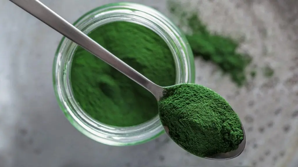 Spirulina, 5 powodów dla których musisz zacząć ją spożywać Słoik ze spiruliną i łyżeczka spiruliny na nim.