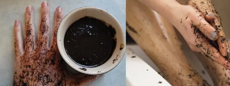 Przeczytaj to, a nigdy więcej nie wyrzucisz fusów po kawy Peeling kawowy w kubku, na dłoniach oraz nogach.