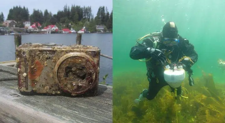 Nurkowie znaleźli kamerę na dnie oceanu i odkryli coś nieprawdopodobnego w środku Kamera i nurek.