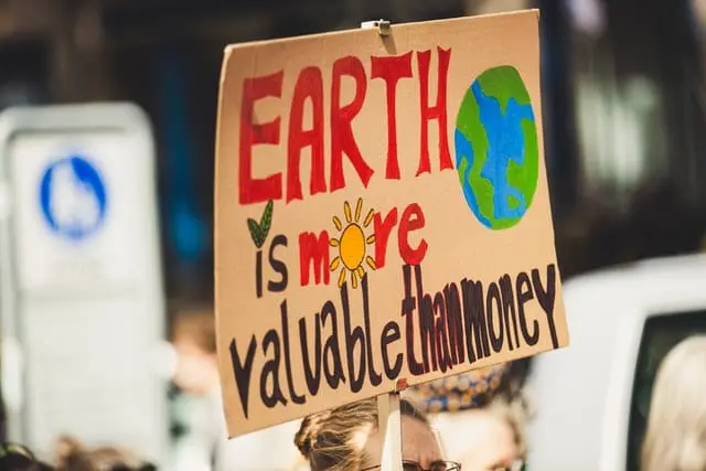 Lasy tracą zdolność pochłaniania CO2. Naukowcy dają nam maksymalnie 30 lat Transparent z napisem 'Ziemia jest ważniejsza niż pieniądze'.