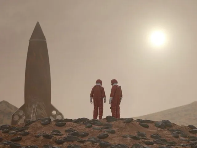 Baza na marsie z krwi i moczu Astronauci patrzący na rakietę.