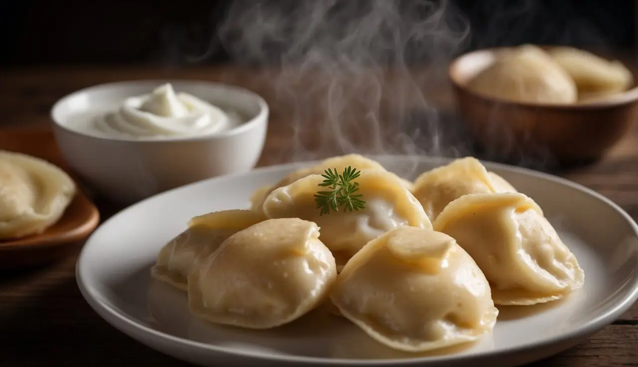 Pierogi ruskie – ile kcal i kalorii mają te popularne kluski? A pot of boiling water with pierogi ruskie being dropped in, steam rising, and a plate of pierogi ruskie being served with a dollop of sour cream