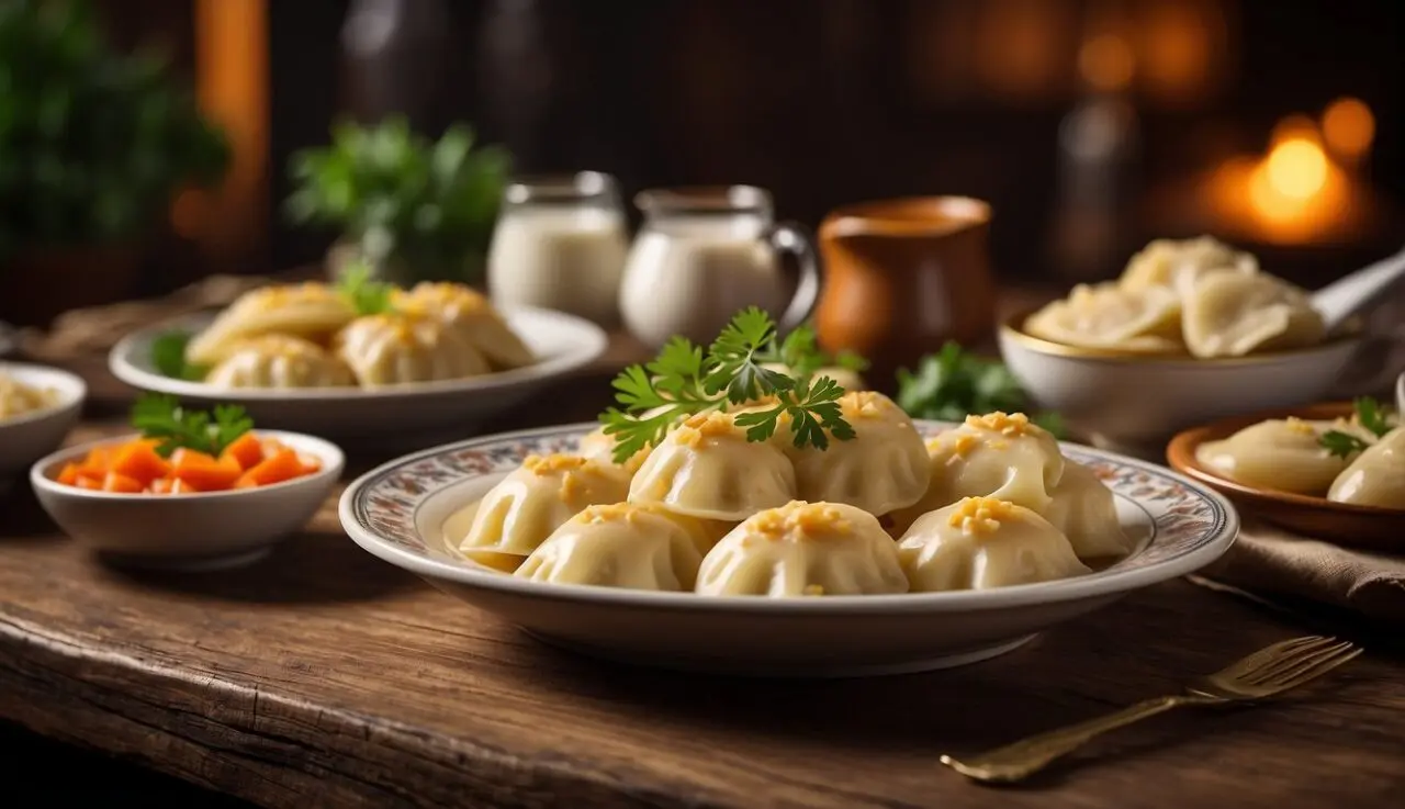 Pierogi ruskie – ile kcal i kalorii mają te popularne kluski? A table set with traditional Polish dishes, including pierogi ruskie, with cultural and regional significance