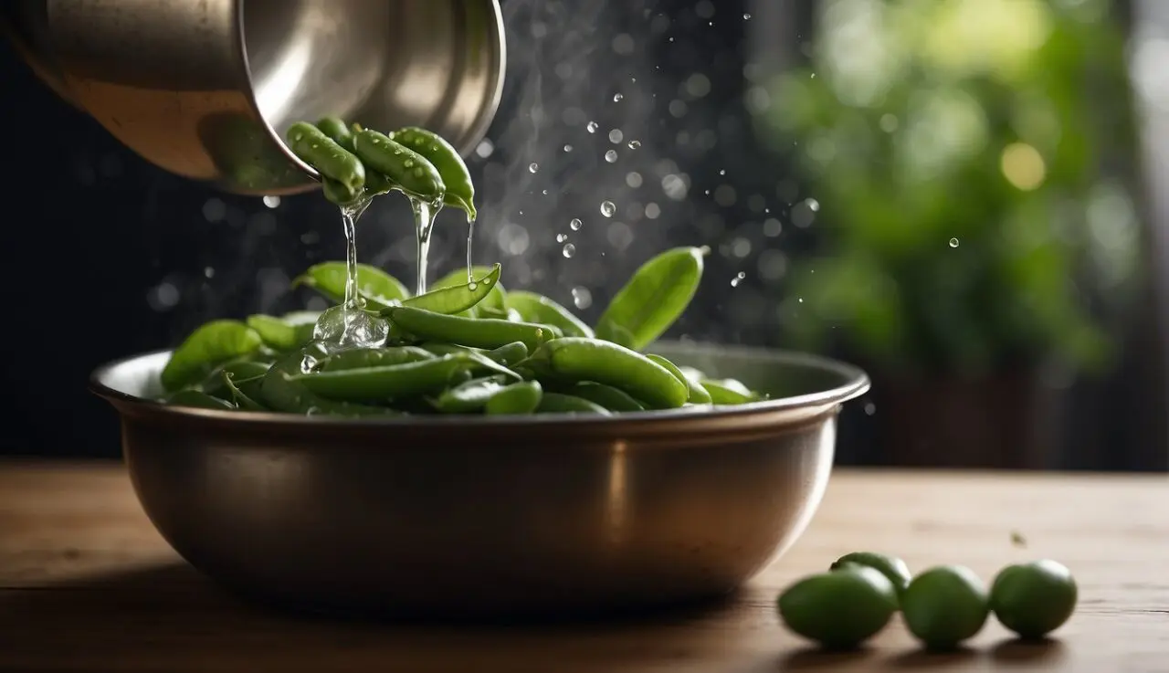 Groszek cukrowy: cechy, uprawa i zastosowanie A pot of boiling water with sugar snap peas being dropped in