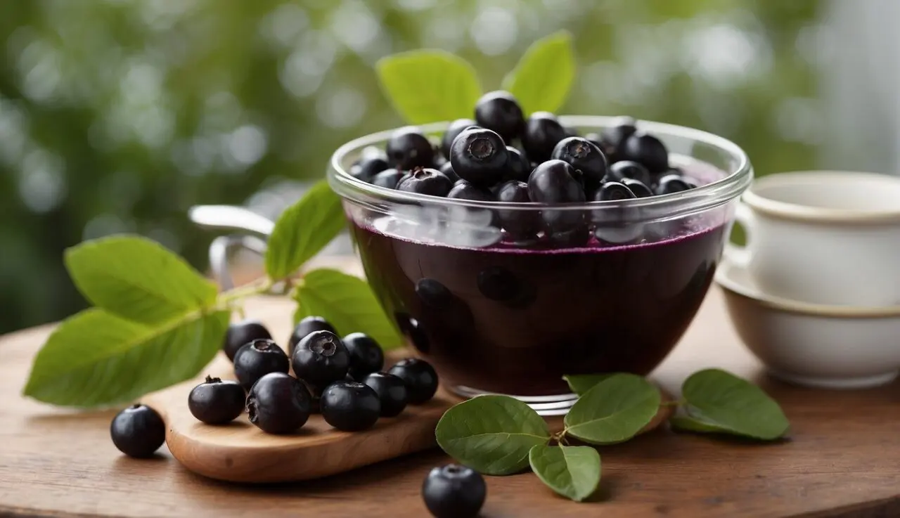 Konfitura z aronii: przepis i właściwości zdrowotne A table with fresh aronia berries, sugar, and a pot. A spoon stirs the boiling mixture. Jars are ready for filling