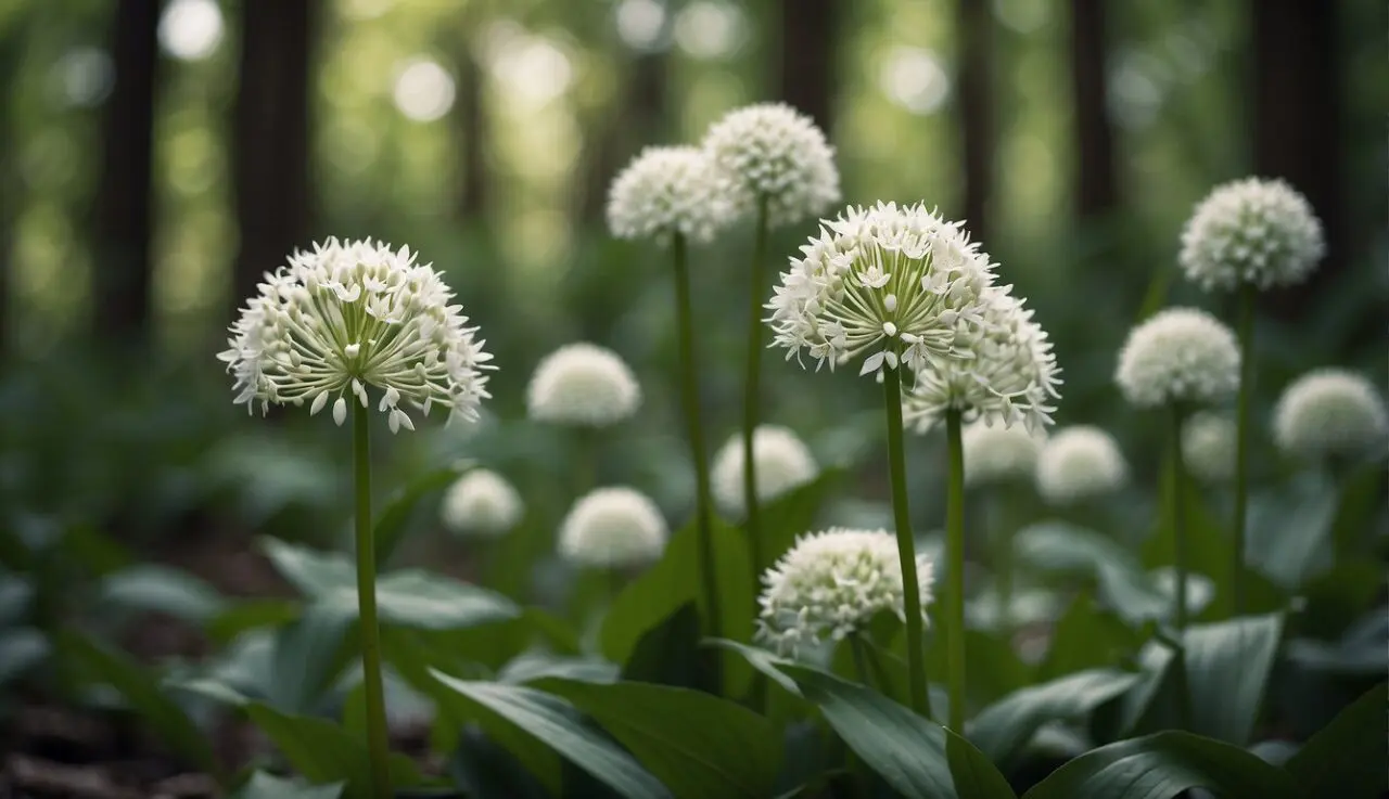 Czosnek niedźwiedzi: właściwości, zastosowanie i skład A bear garlic plant with green leaves and white flowers in a forest clearing
