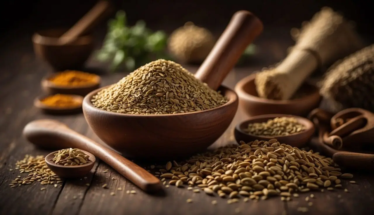 Kmin rzymski: właściwości i zastosowanie A mortar and pestle crushes Roman cumin for culinary use