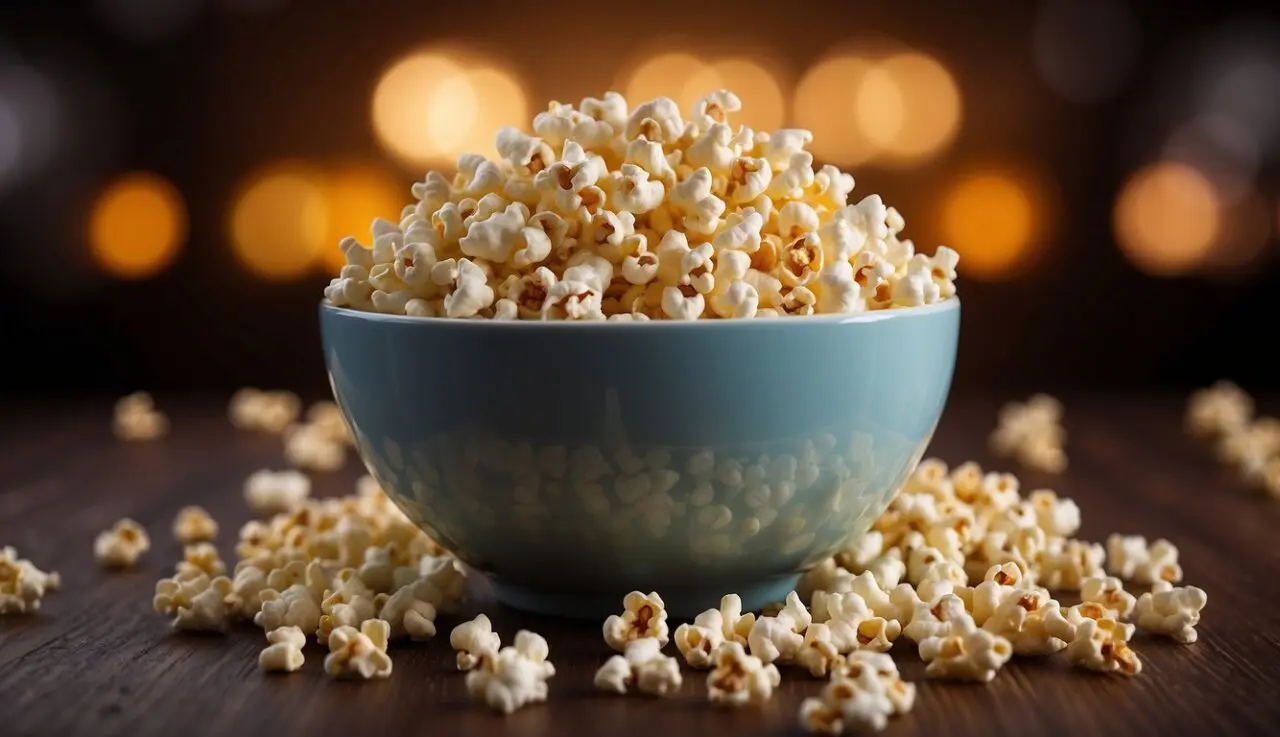 A bowl of popcorn with nutritional information and warning signs in the background