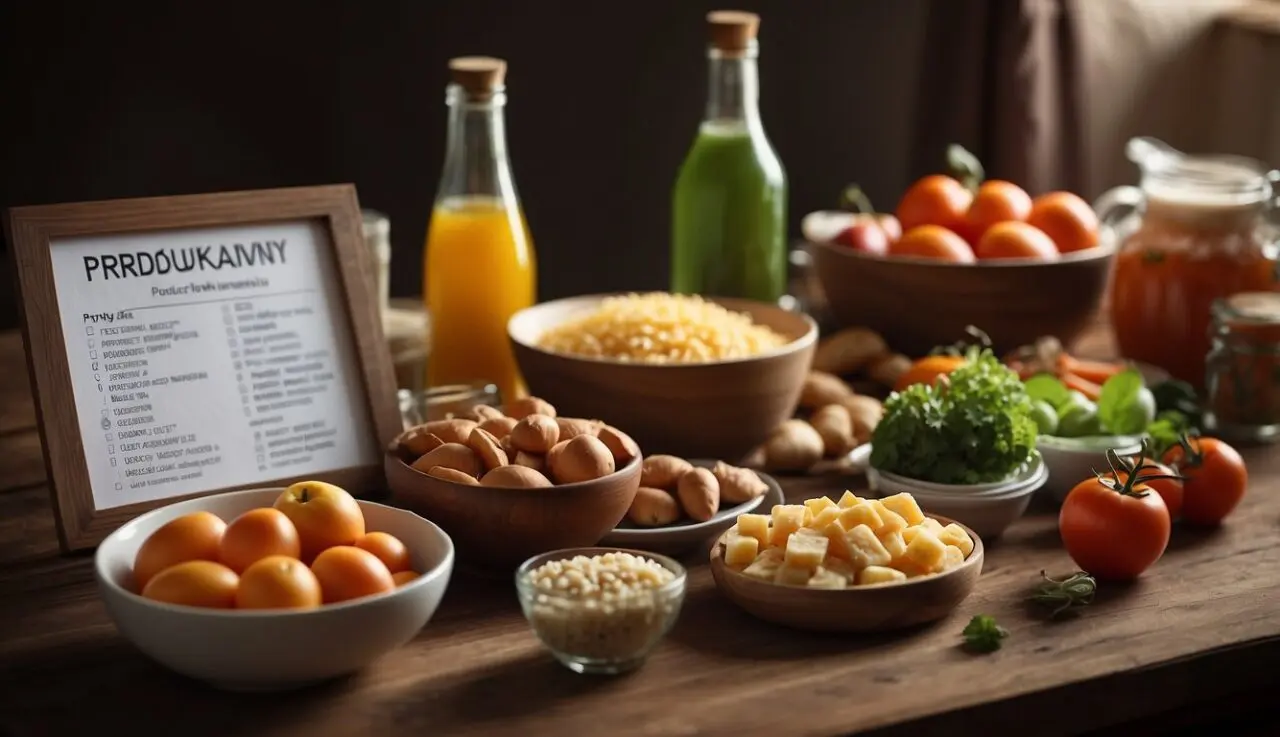 A table with a variety of foods labeled "produkty do unikania" and a list of "przykładowy jadłospis" next to it