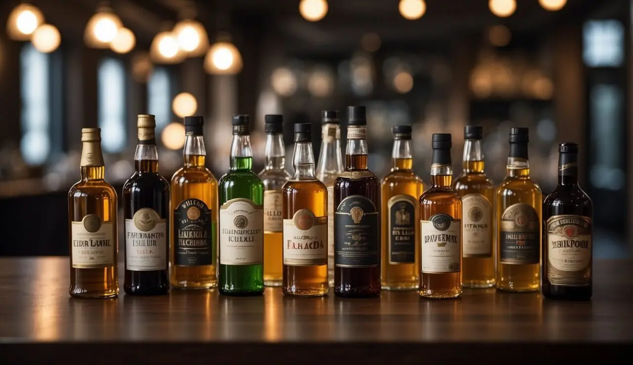 A table with various types of alcohol bottles, each labeled with their respective calorie count