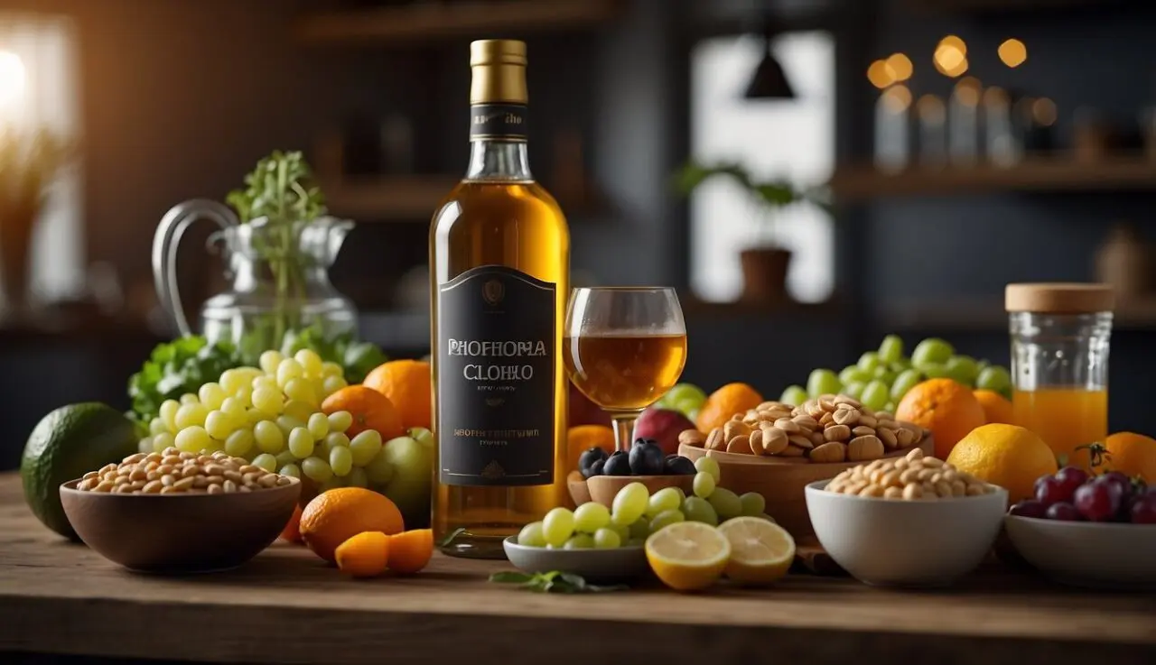 A bottle of alcohol surrounded by healthy foods, with a calorie counter in the background