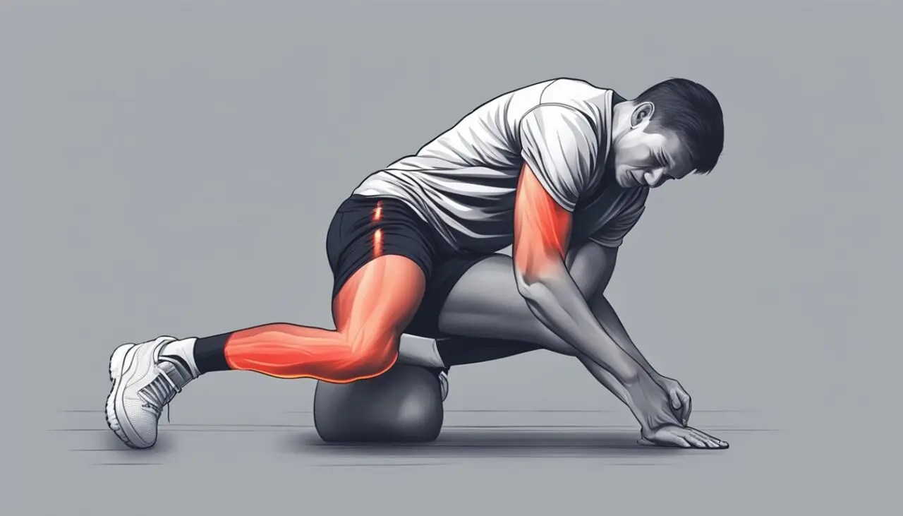 A figure with a knee bent, grimacing in pain, with a red, inflamed area at the back of the knee