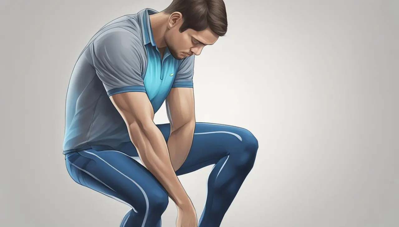 A figure clutching their knee in pain, with a visible bulge at the back of the knee