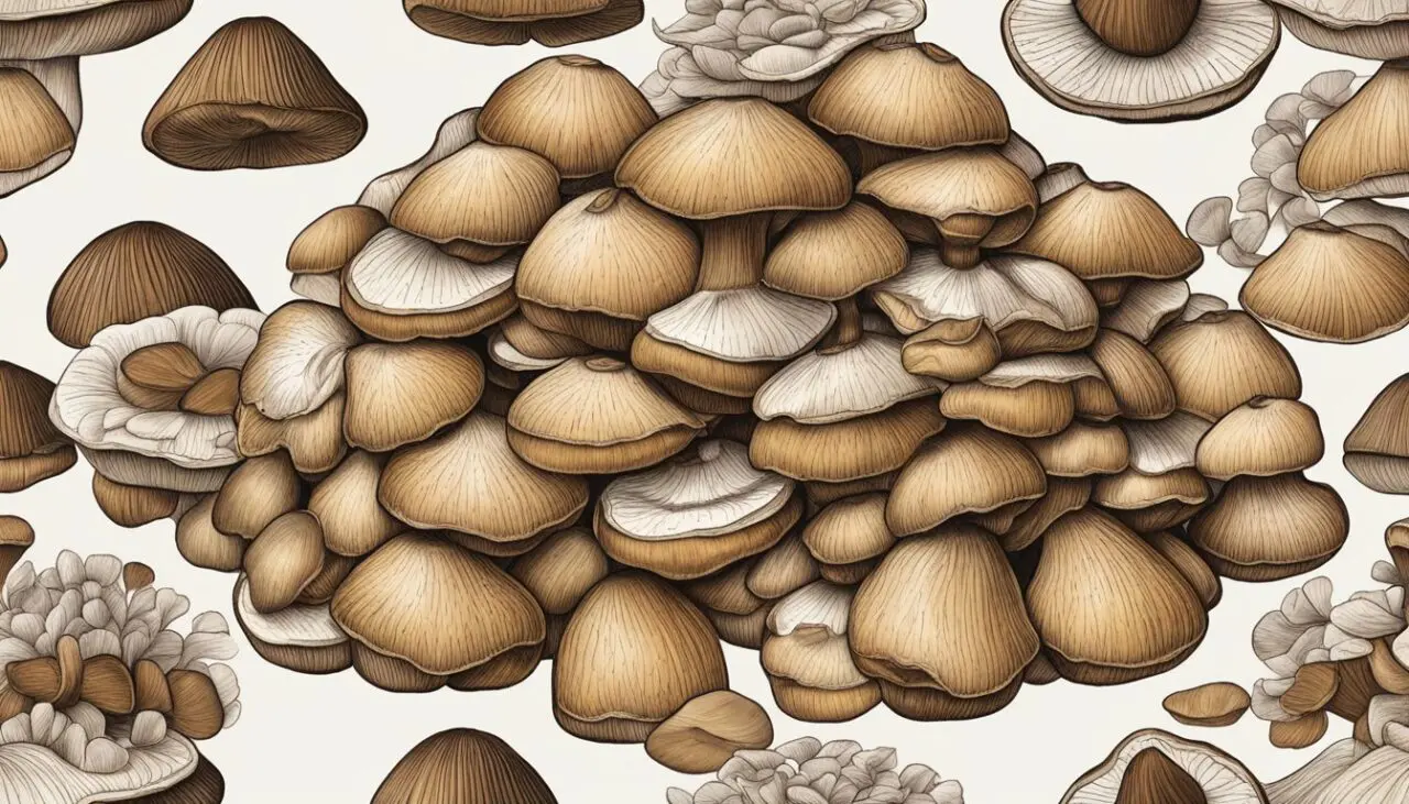 A pile of fresh shiitake mushrooms with nutritional information displayed in Polish