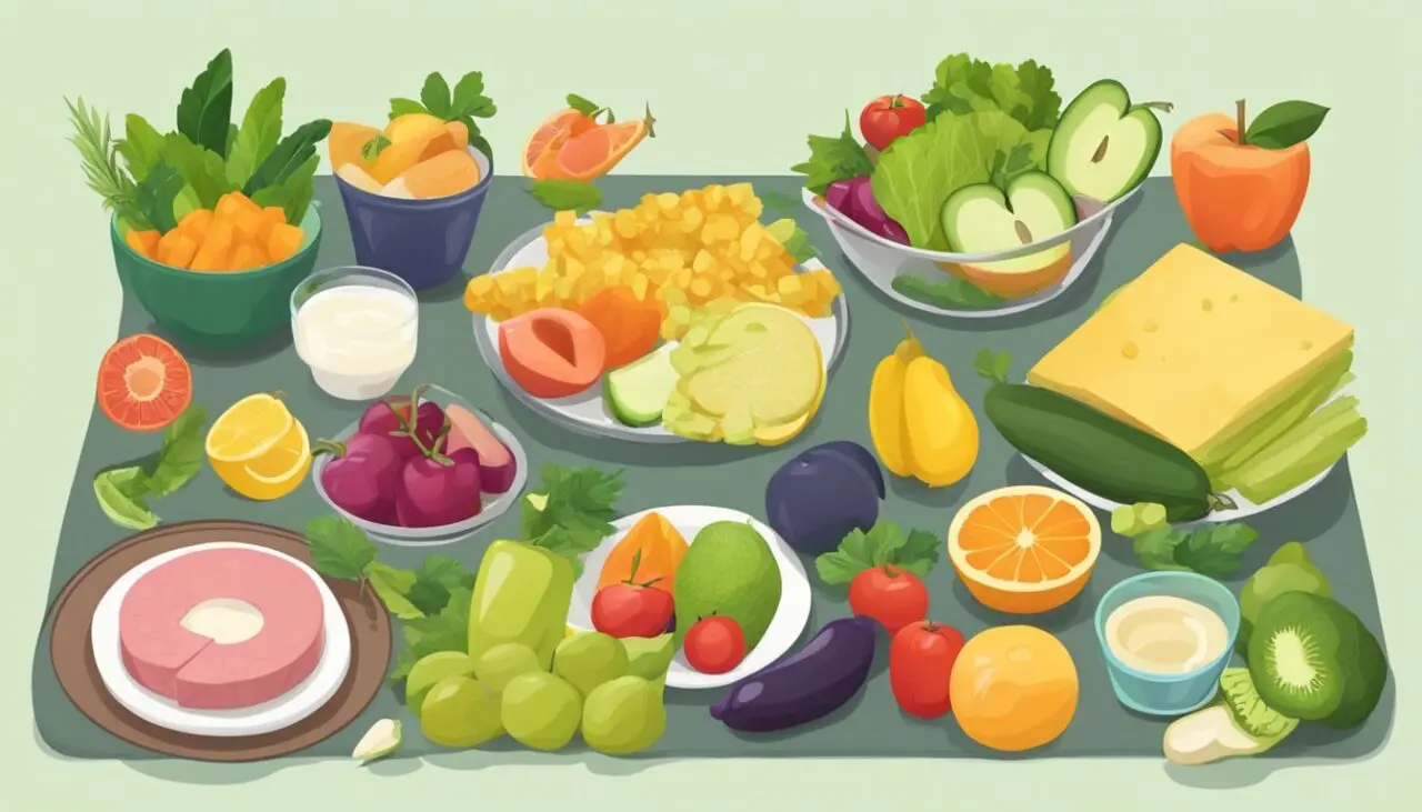 A table with various healthy foods and a measuring tape, symbolizing the concept of composing a diet for a flat stomach and quick weight loss