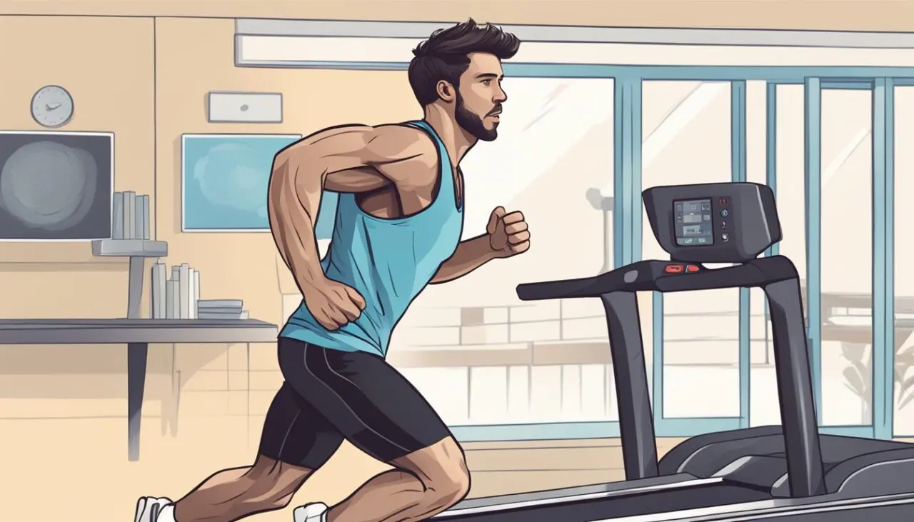 A person running on a treadmill, sweat dripping down their face, with a determined expression, focusing on their abdominal area