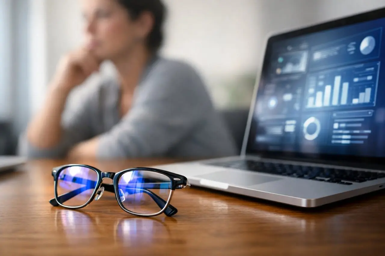 Czy Warto Kupić Okulary z Filtrem Światła Niebieskiego: Analiza Korzyści i Wad dla Zdrowia Oczu Para okularów z filtrem światła niebieskiego na biurku obok laptopa, w tle osoba patrząca z zamyśleniem.
