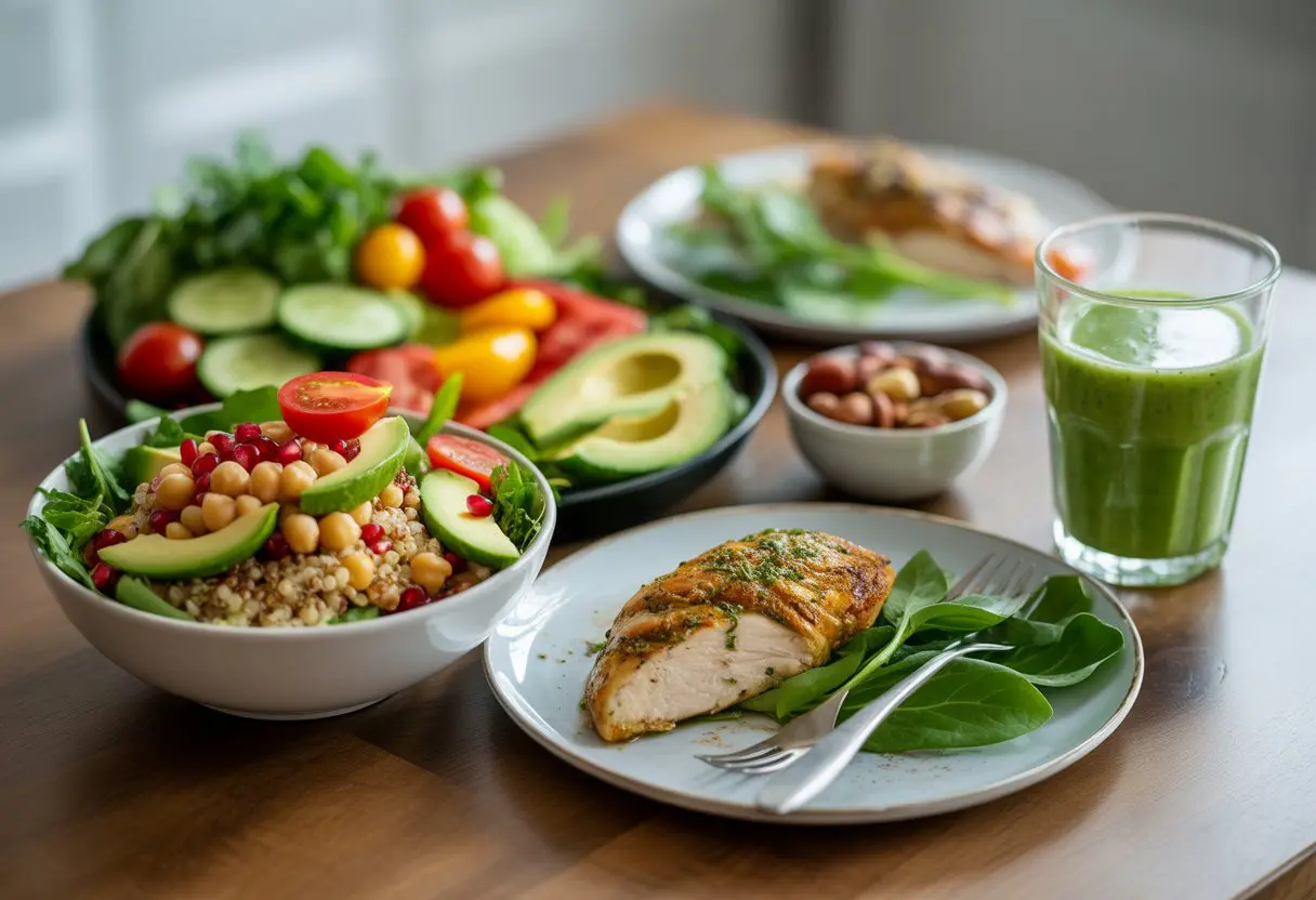 Najlepsze Pomysły Na Zdrowy Obiad: Szybkie, Smaczne I Zrównoważone Propozycje Zdrowy obiad na drewnianym stole z warzywami, sałatką z komosy ryżowej, grillowanym kurczakiem i zielonym smoothie.