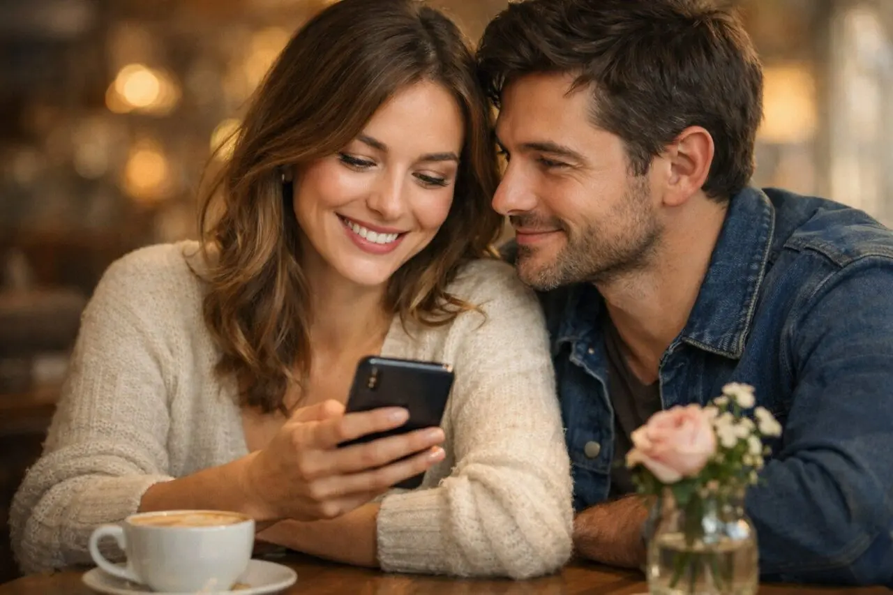 Co Napisać Facetowi Żeby Oszalał: Sprawdzone Metody na Skuteczne Wiadomości Para siedzi razem przy stoliku w kawiarni, kobieta trzyma telefon i uśmiecha się do mężczyzny, który patrzy na nią z zainteresowaniem.