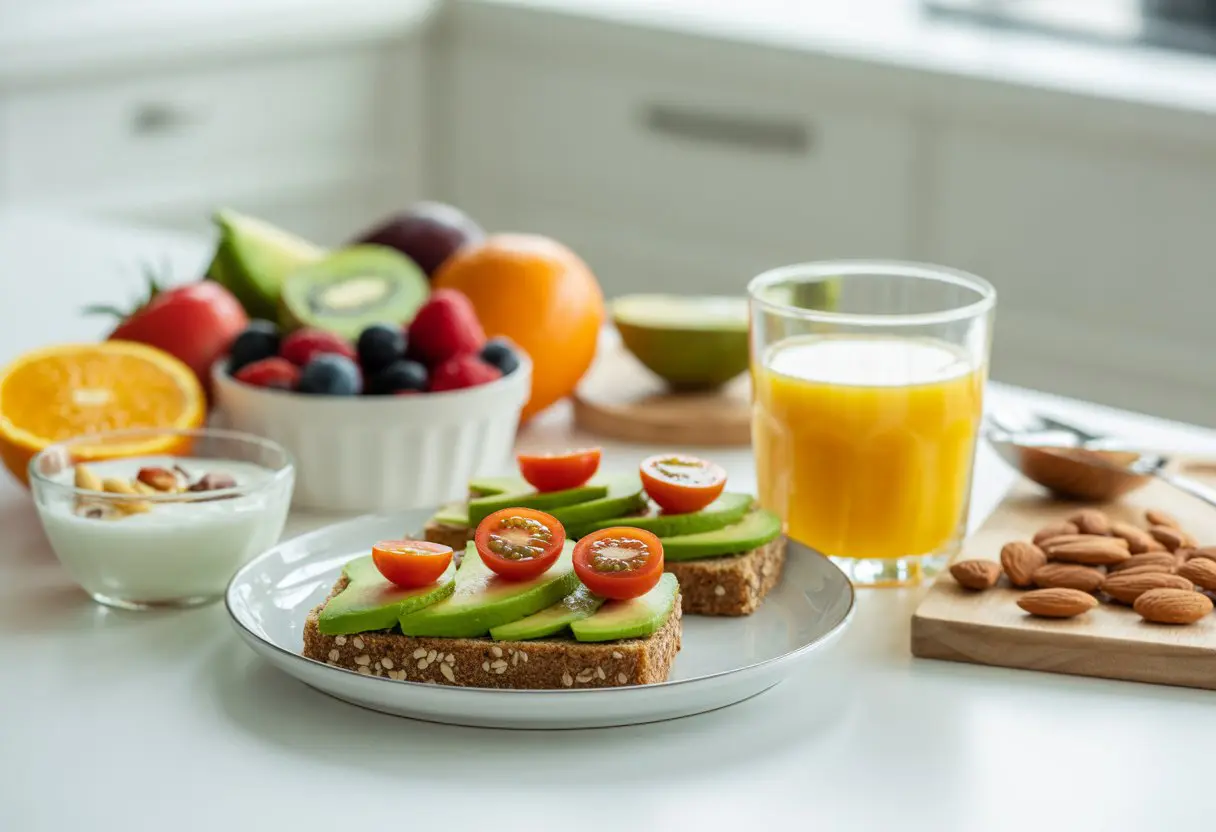 Stół z różnorodnym zdrowym drugim śniadaniem, w tym świeże owoce, awokado na chlebie, jogurt z orzechami i sok pomarańczowy.