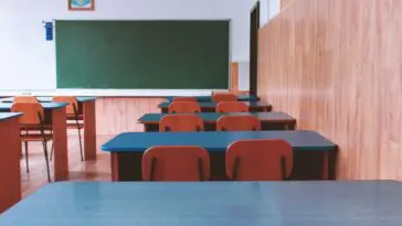 Pusta klasa szkolna z drewnianymi ławkami – symbol snu o ławce szkolnej