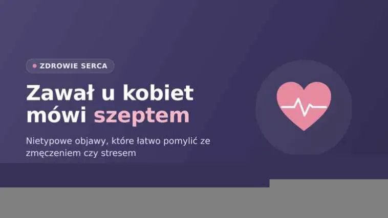 Serce z linią EKG i hasło, że zawał u kobiet daje nietypowe, ciche objawy