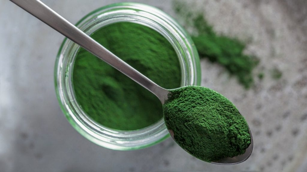 Spirulina, 5 powodów dla których musisz zacząć ją spożywać Słoik ze spiruliną i łyżeczka spiruliny na nim.