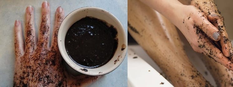 Peeling kawowy w kubku, na dłoniach oraz nogach.