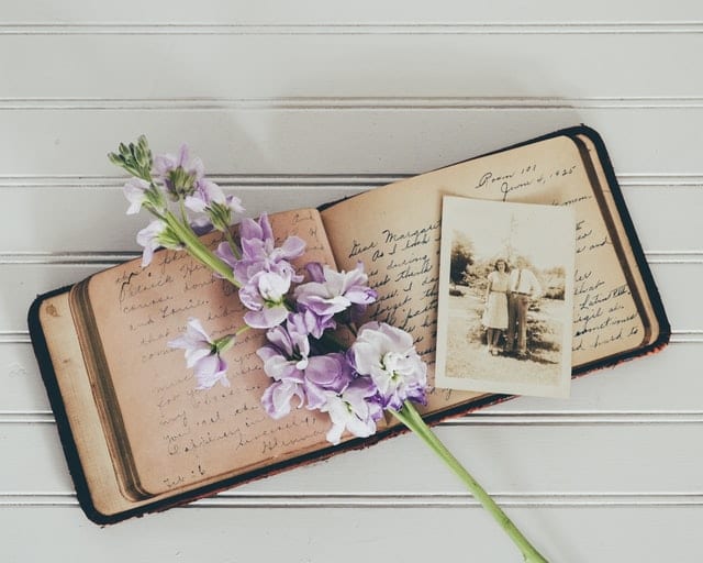 Stary pamiętnik, zdjęcia i kwiat.