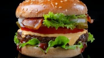 Burger na czarnym tle.