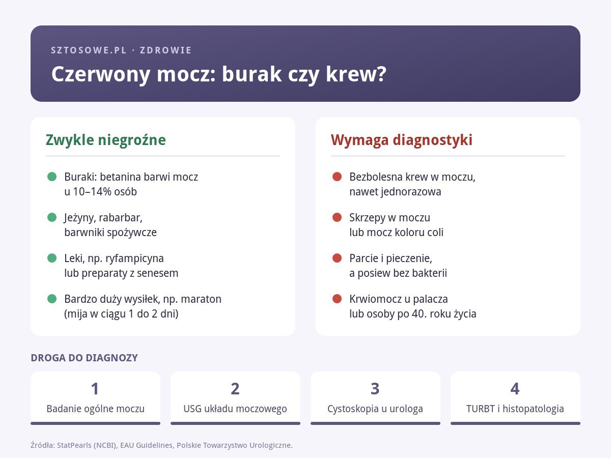 Infografika: niegroźne przyczyny czerwonego moczu i objawy wymagające diagnostyki oraz kolejne etapy diagnozy raka pęcherza