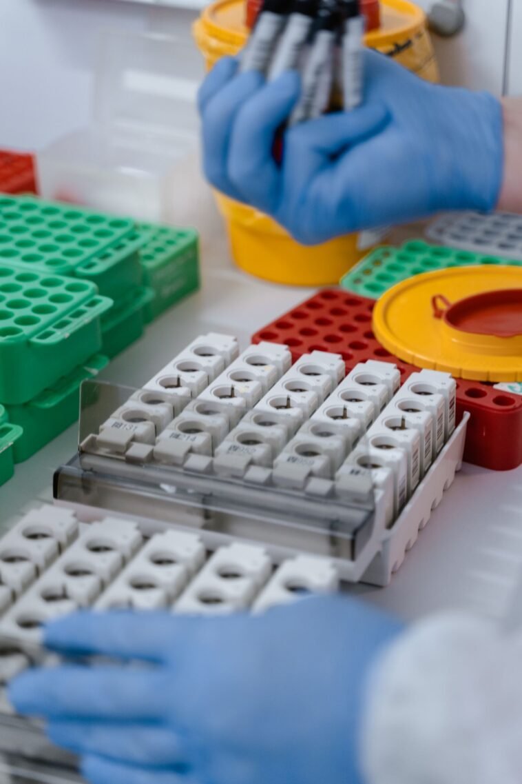 Próbki krwi w probówkach w laboratorium podczas oznaczania grupy krwi