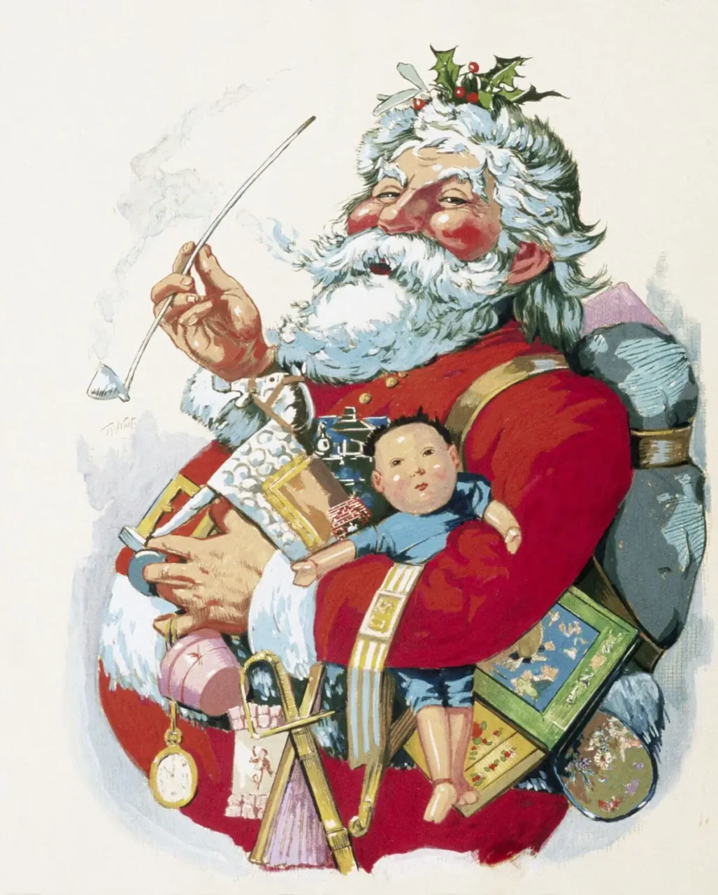 Merry Old Santa Claus, Thomas Nast, 1881 Ilustracja Thomasa Nasta Merry Old Santa Claus z 1881 roku, Mikołaj z fajką i zabawkami