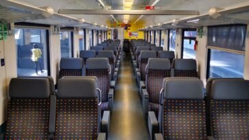 Puste wnętrze wagonu kolejowego z granatowymi fotelami we wzór kolorowych kropek