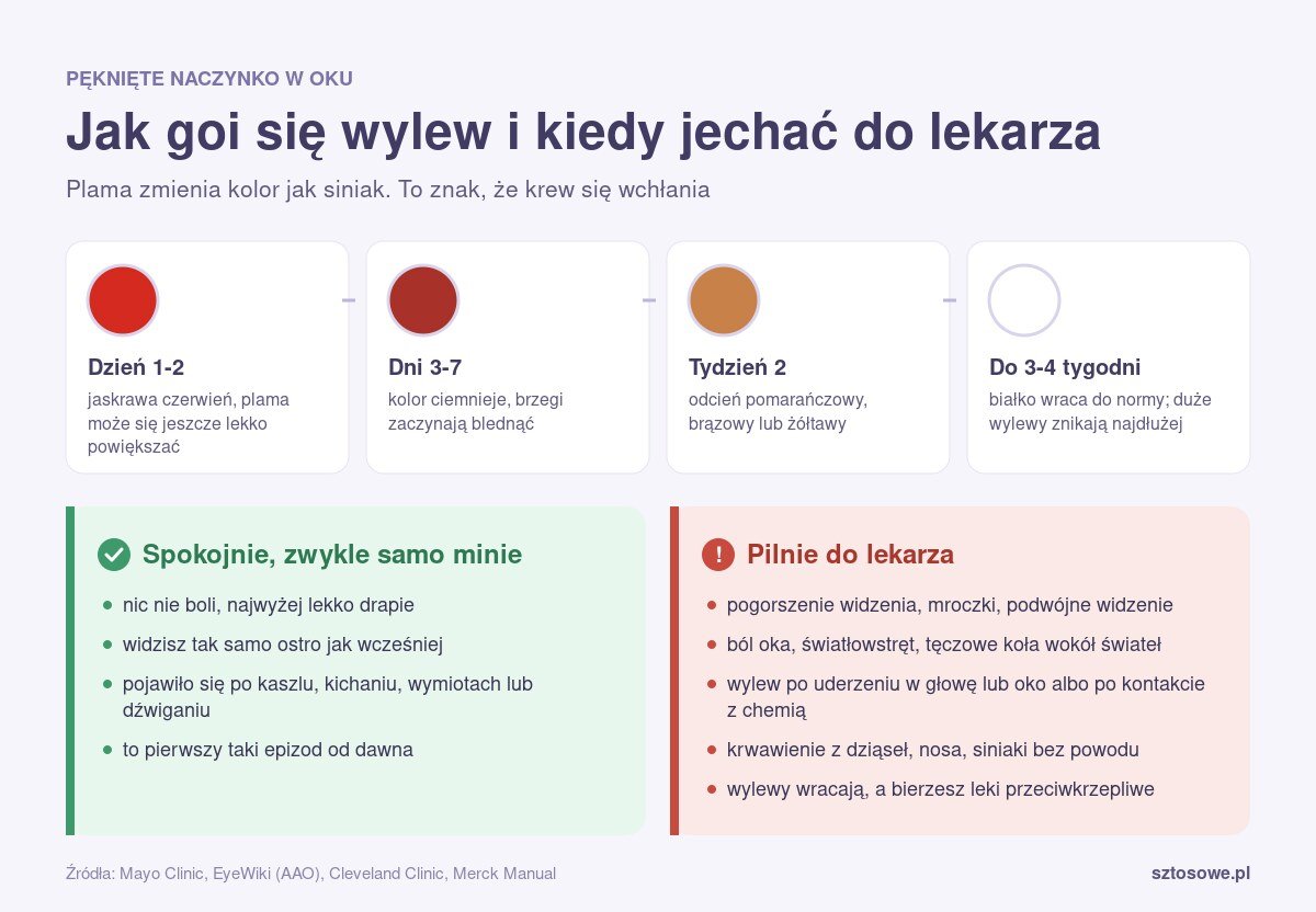 Infografika: jak goi się wylew w oku dzień po dniu oraz objawy, przy których trzeba pilnie zgłosić się do lekarza